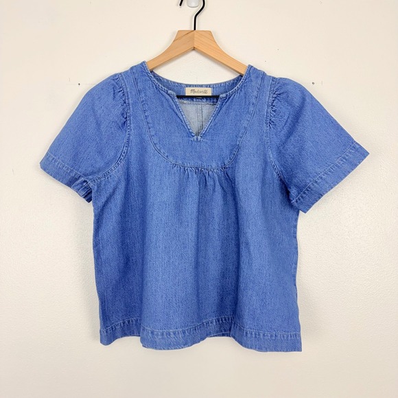 Madewell Denim Popover Swing Puff Sleeve Top Size M Blue Cotton Linen Blend - Picture 14 of 15